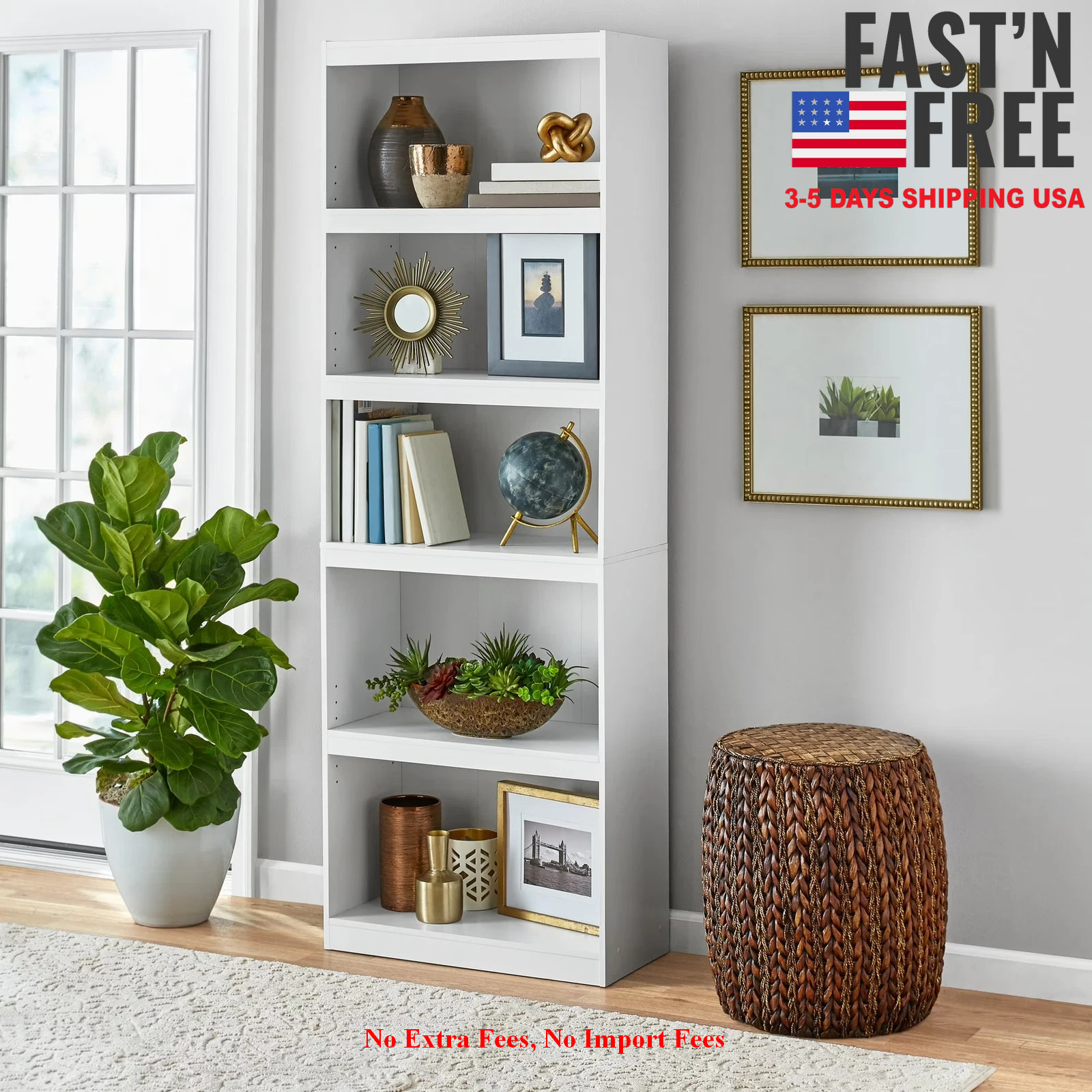 [HOT SALE] Framed 5-Shelf Bookcase with Adjustable Shelves, White, NEW USA