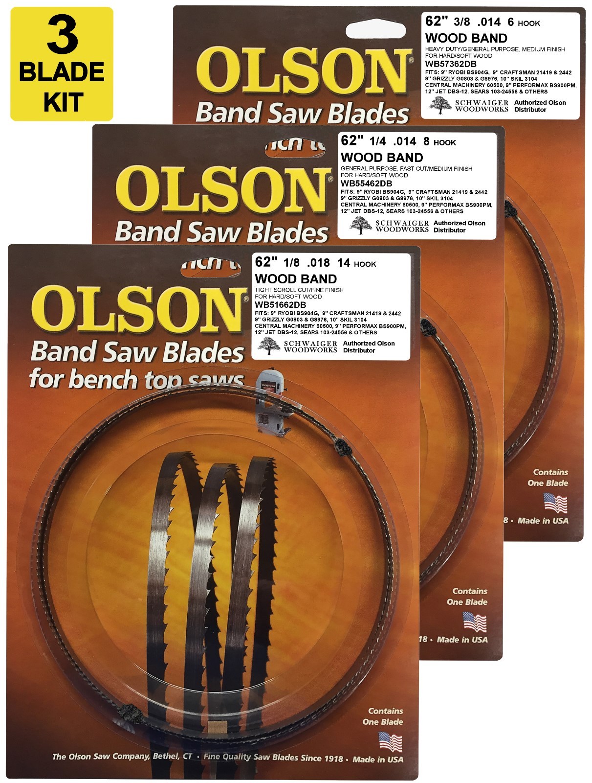 Olson Band Saw Blades 62″ inch x 1/8″,1/4″ & 3/8″ Ryobi BS904G, Skil 3104, etc