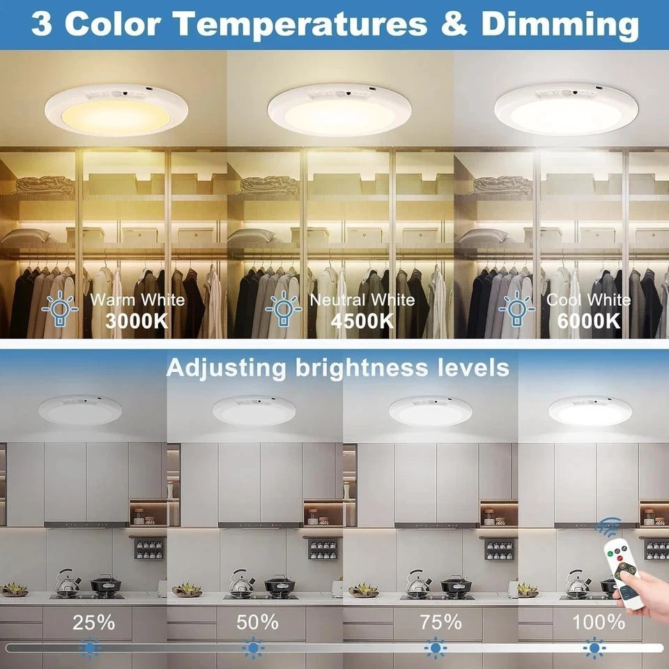 Rechargeable Motion Sensor Ceiling Light W/Remote Battery Powered Wireless 1/2/4