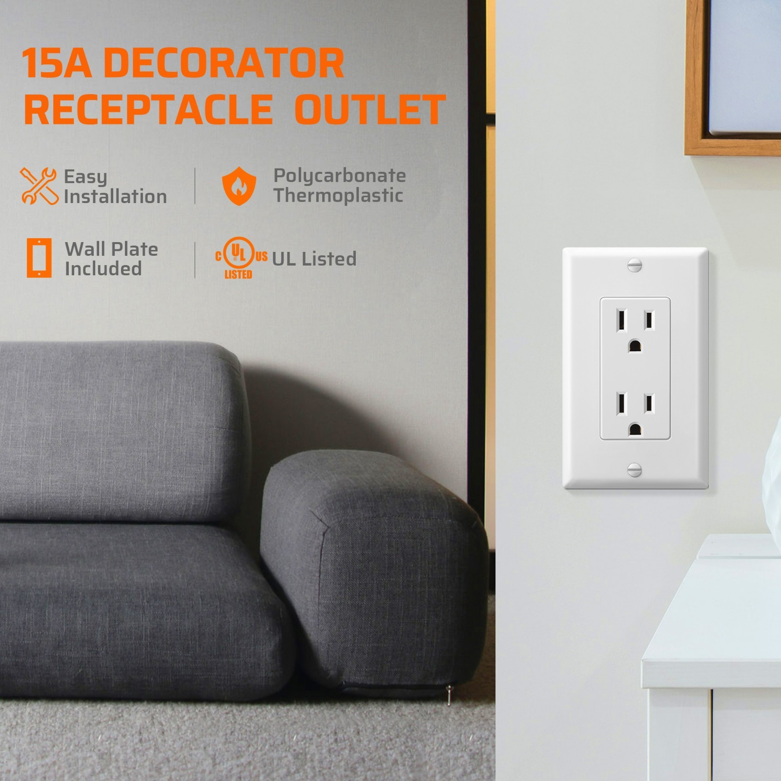 10 Pack Standard Electrical Outlet 15A Decorator Receptacle w/ Wall Plate White
