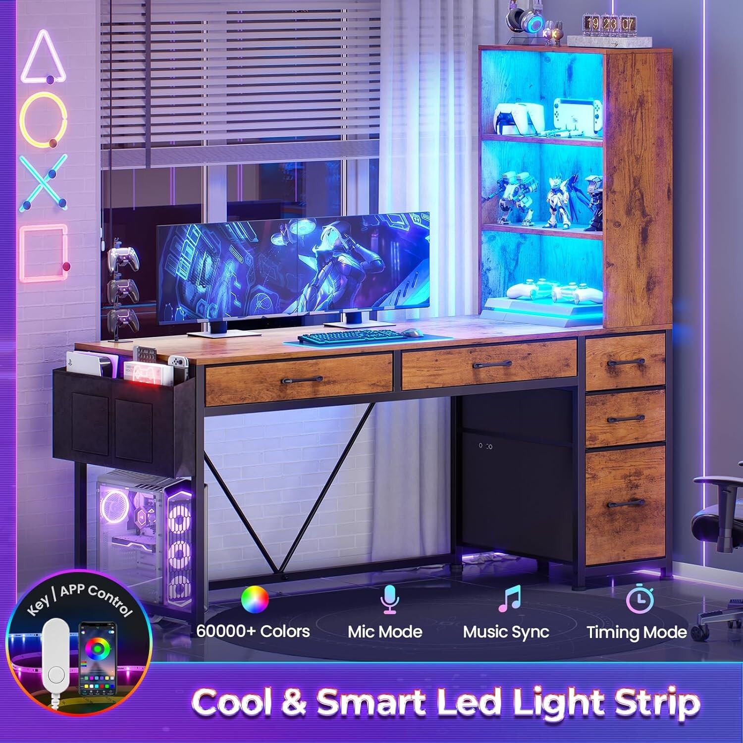 Computer Desk with 5 Drawers&Bookshelf, Reversible Home Office Desk w/LED Lights