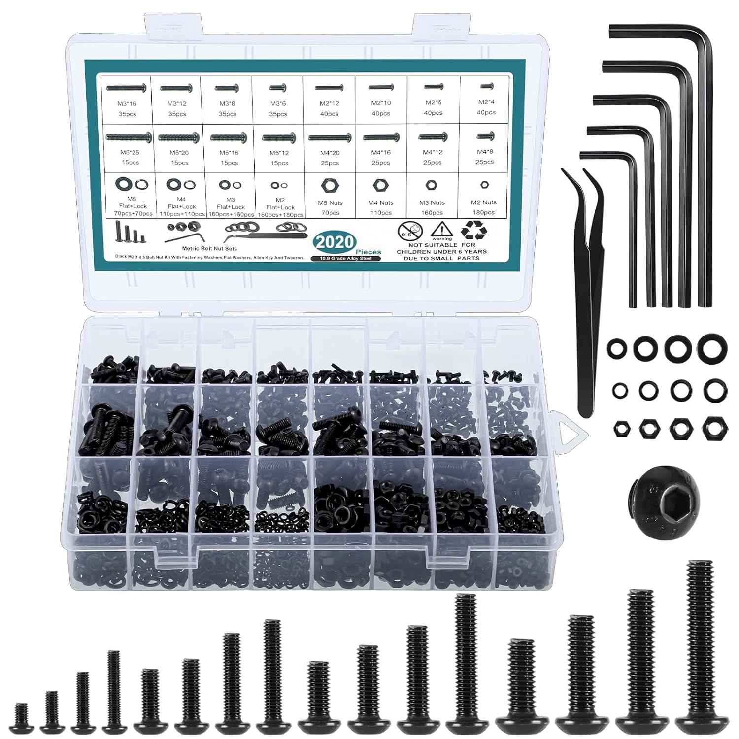 M2/M3/M4/M5 4-35mm Hex Button/Socket Head Screws Bolts Nut Washer Assortment Kit