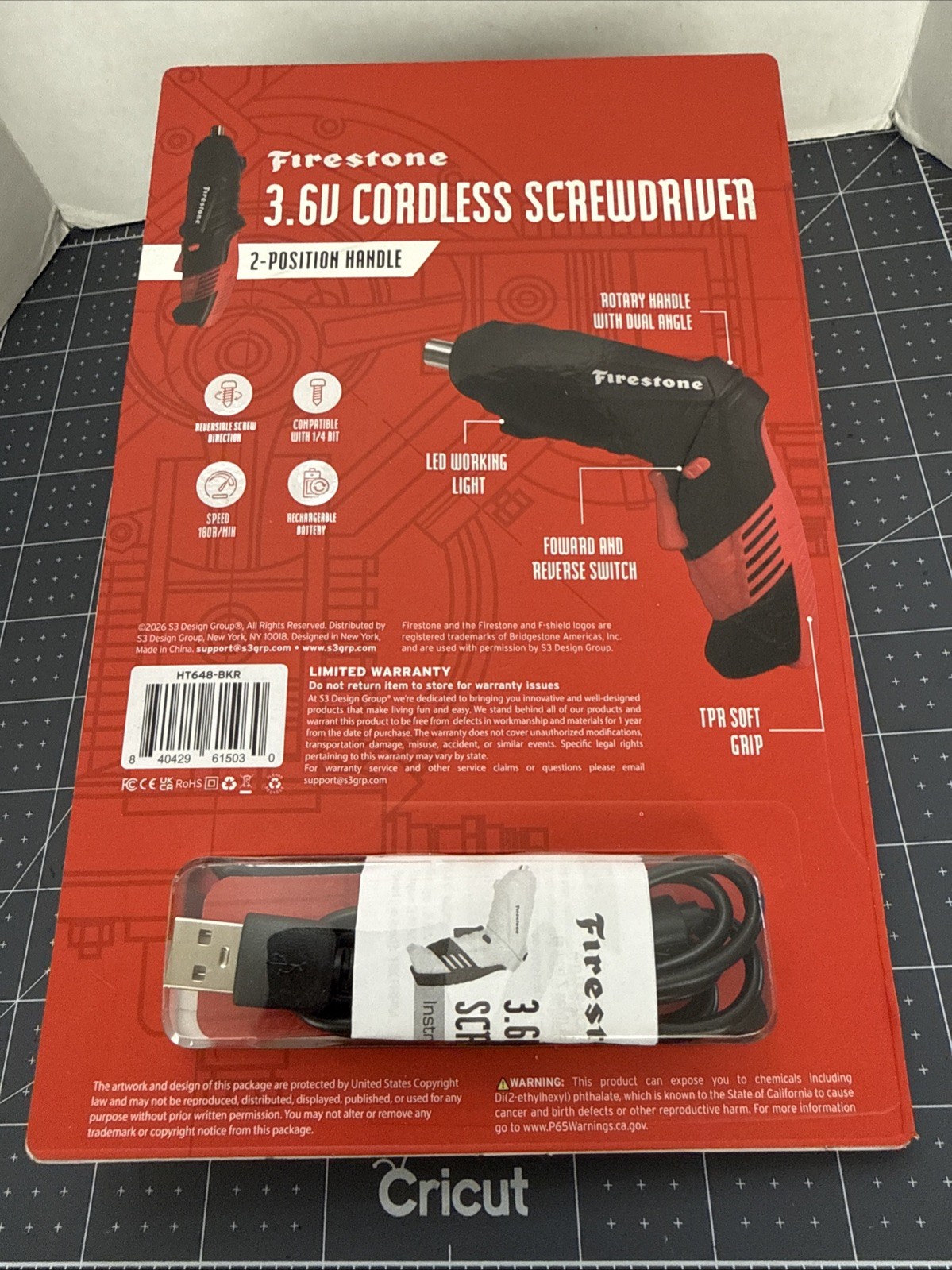 Firestone 3.6V Cordless Screwdriver, 2 Position Handle, USB Rechargeable
