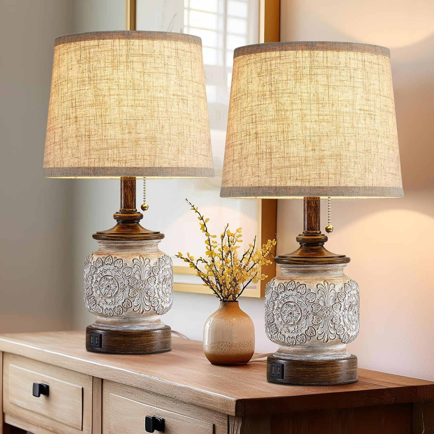 19.5″ Farmhouse Table Lamps Set of 2 w/ USB Ports Rustic Nightstand Bedroom