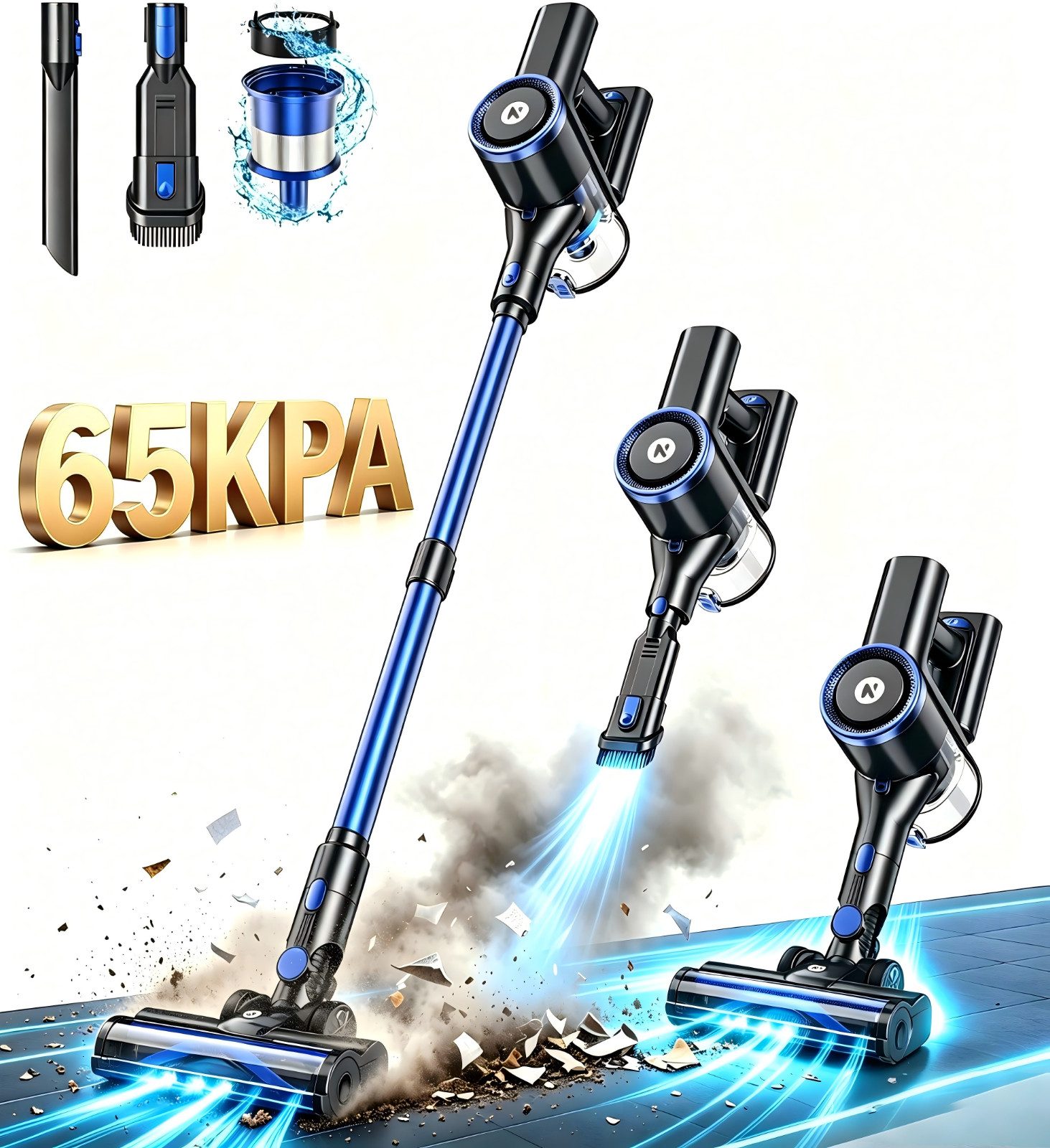 Cordless Vacuum Cleaner 65KPa Lightweight Pet Hair Carpet Hardwood Stick 1.5L