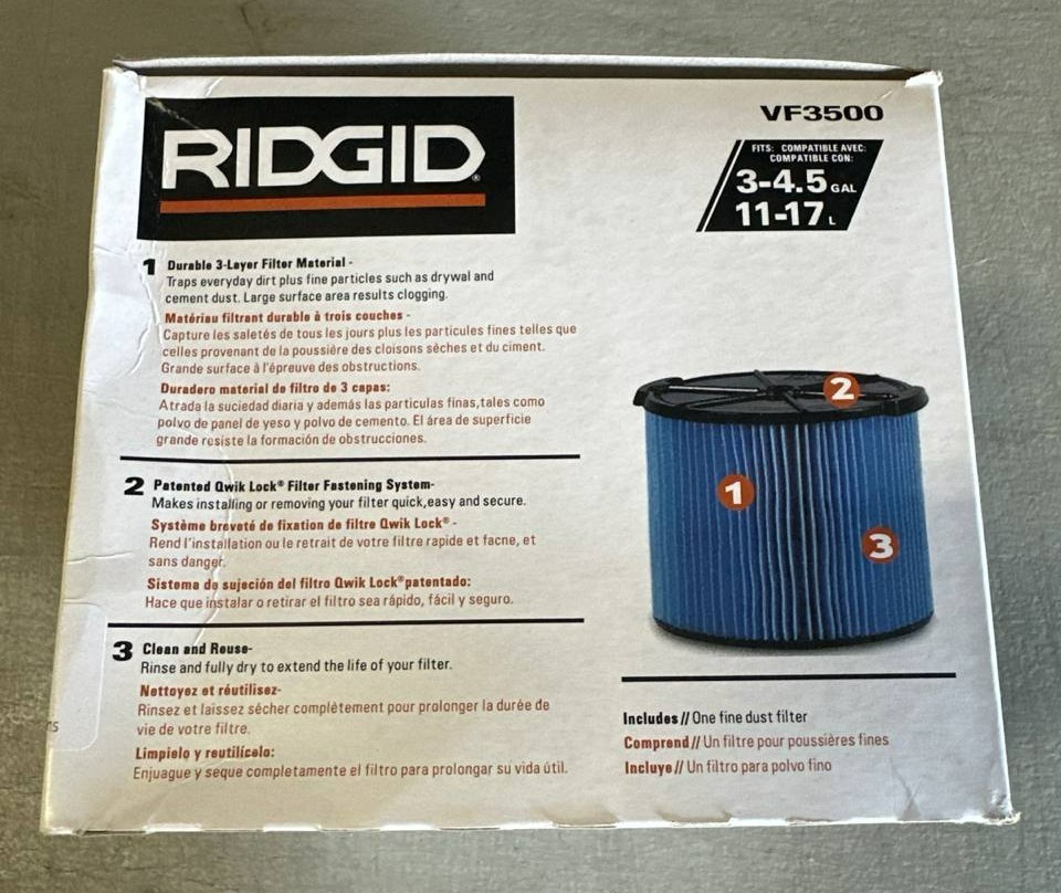 3-Layer Washable Filter for Ridgid VF3500 3-4.5 Gallon Wet Dry Vac