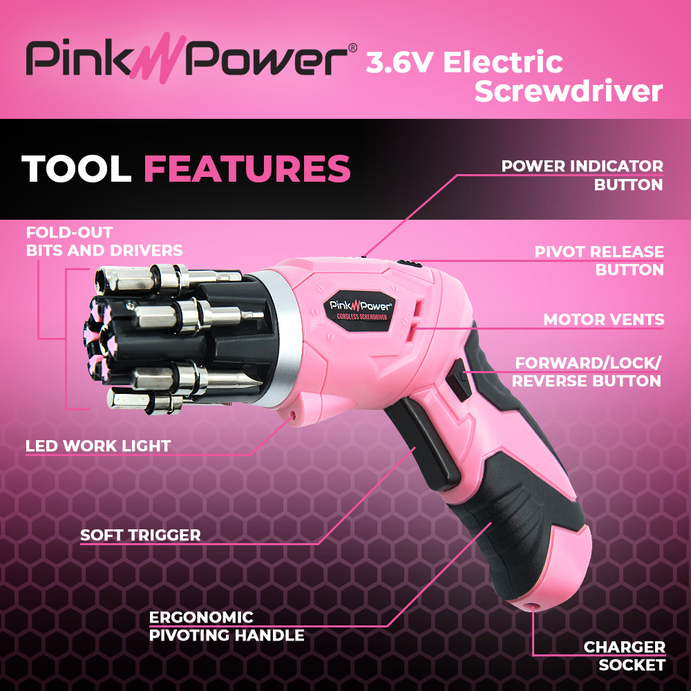 Cordless Electric Screwdriver Set–4V Pink Rechargeable Handy Tool with LED, Bits