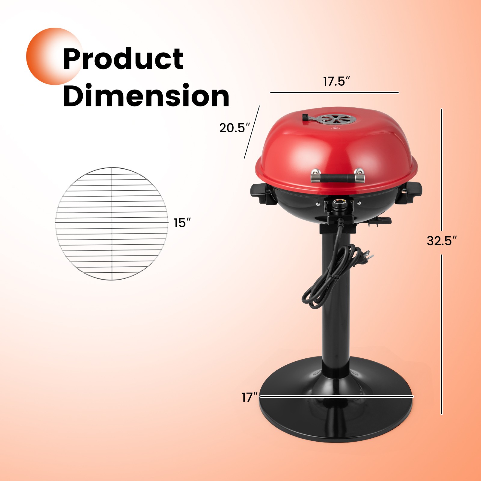 Portable 1600W Electric BBQ Grill w/ Temperature Control & Grease Collector Red