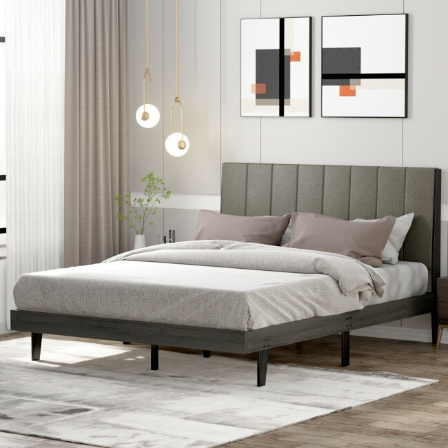 Queen Size Bed Frame Tufted Upholstered Headboard Bedroom W/ Solid Wooden Slat