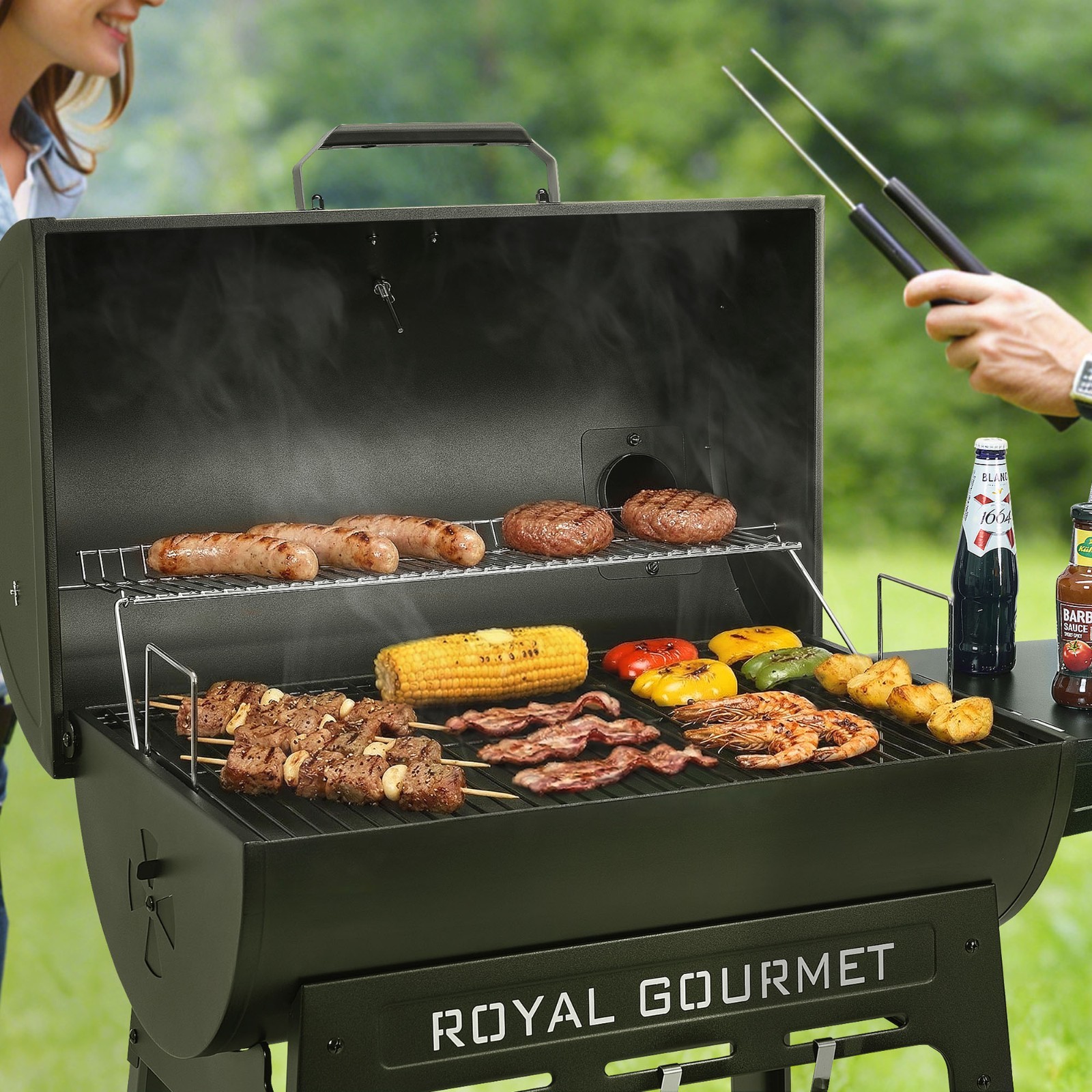 Royal Gourmet Outdoor Grill with Side Shelf Barrel Charcoal Grill for Backyard