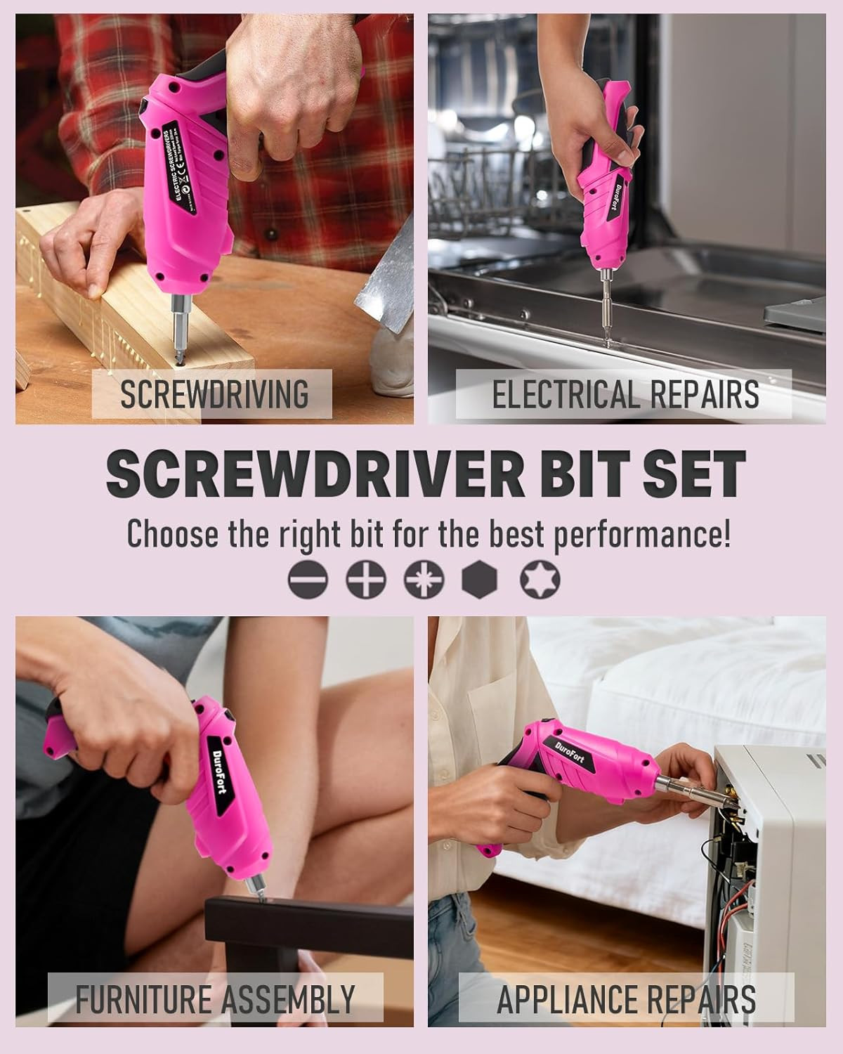 Pink Cordless Electric Screwdriver Set, 3.7V Rechargeable Small Electric Drill w