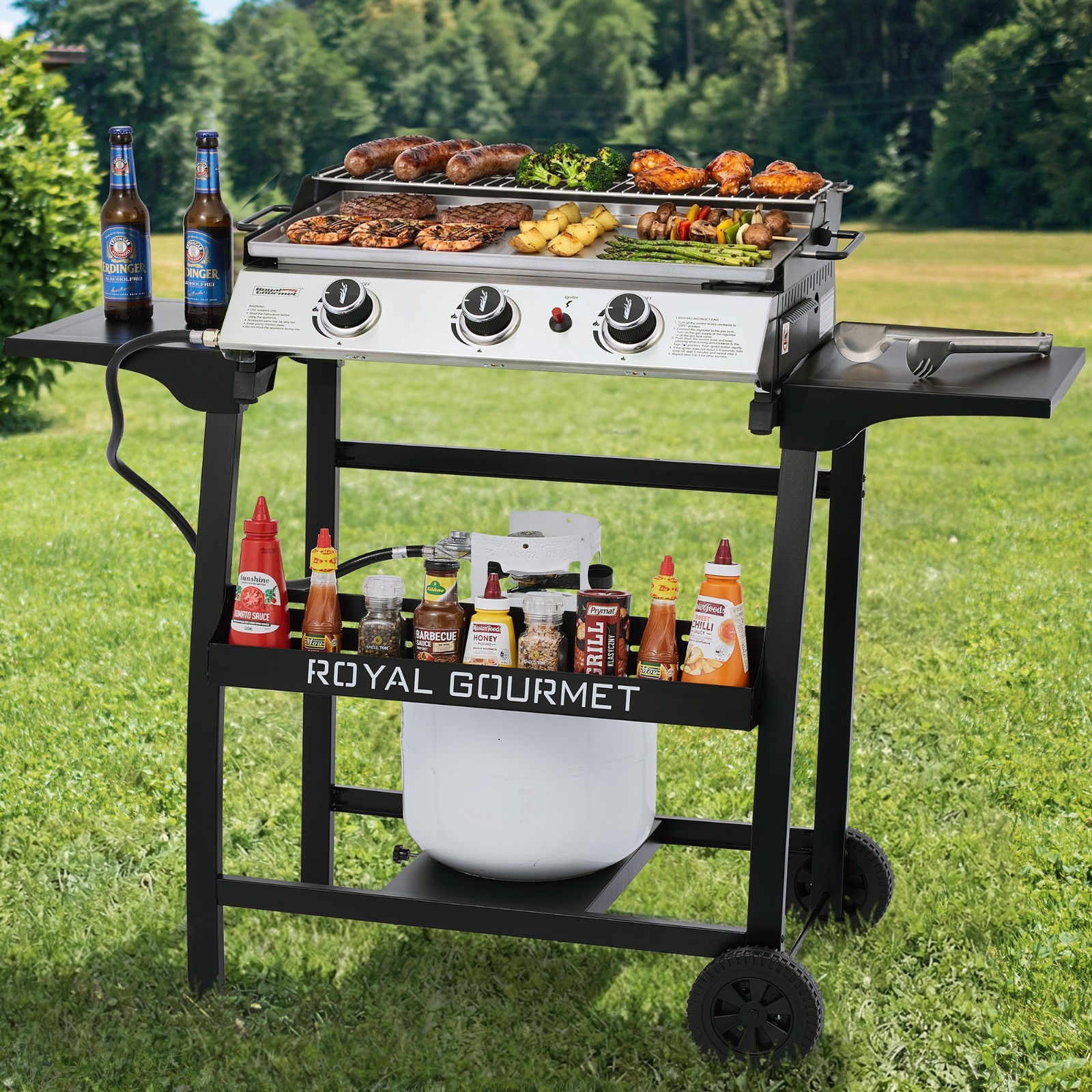 Royal Gourmet Tabletop Griddle Stand with Basket and Side Shelves, Black