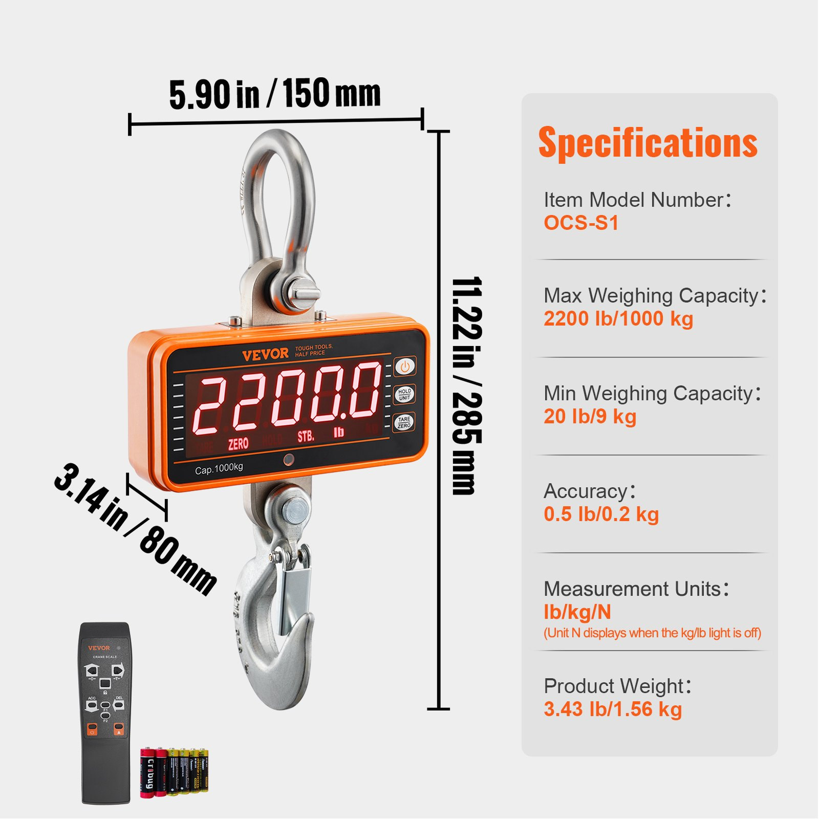 VEVOR Digital Crane Scale, 2200 lbs/1000 kg, Industrial Heavy Duty Hanging Scale