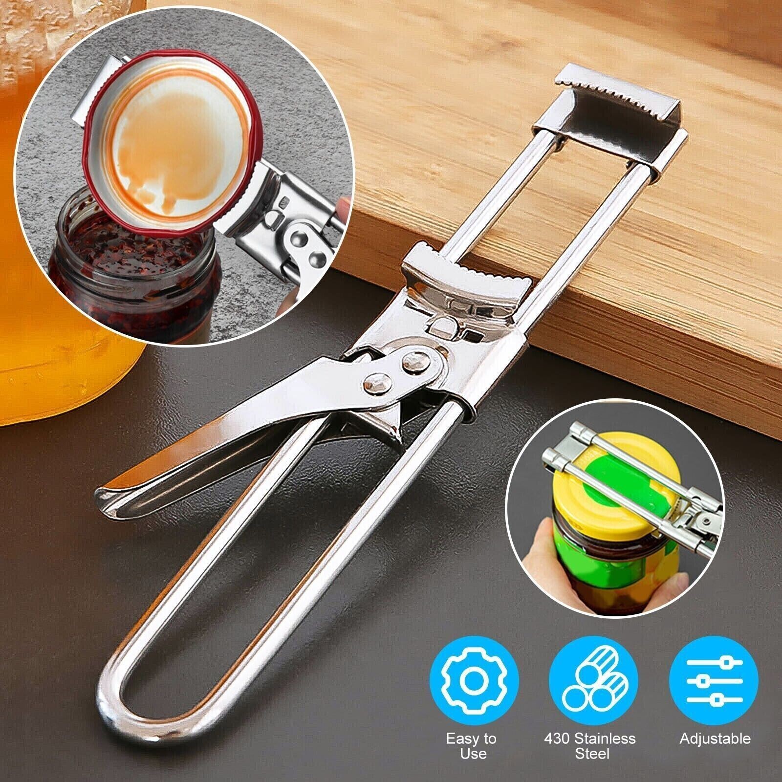 2PCS Adjustable Multifunctional Stainless Steel Can Opener Jar Lid Gripper New