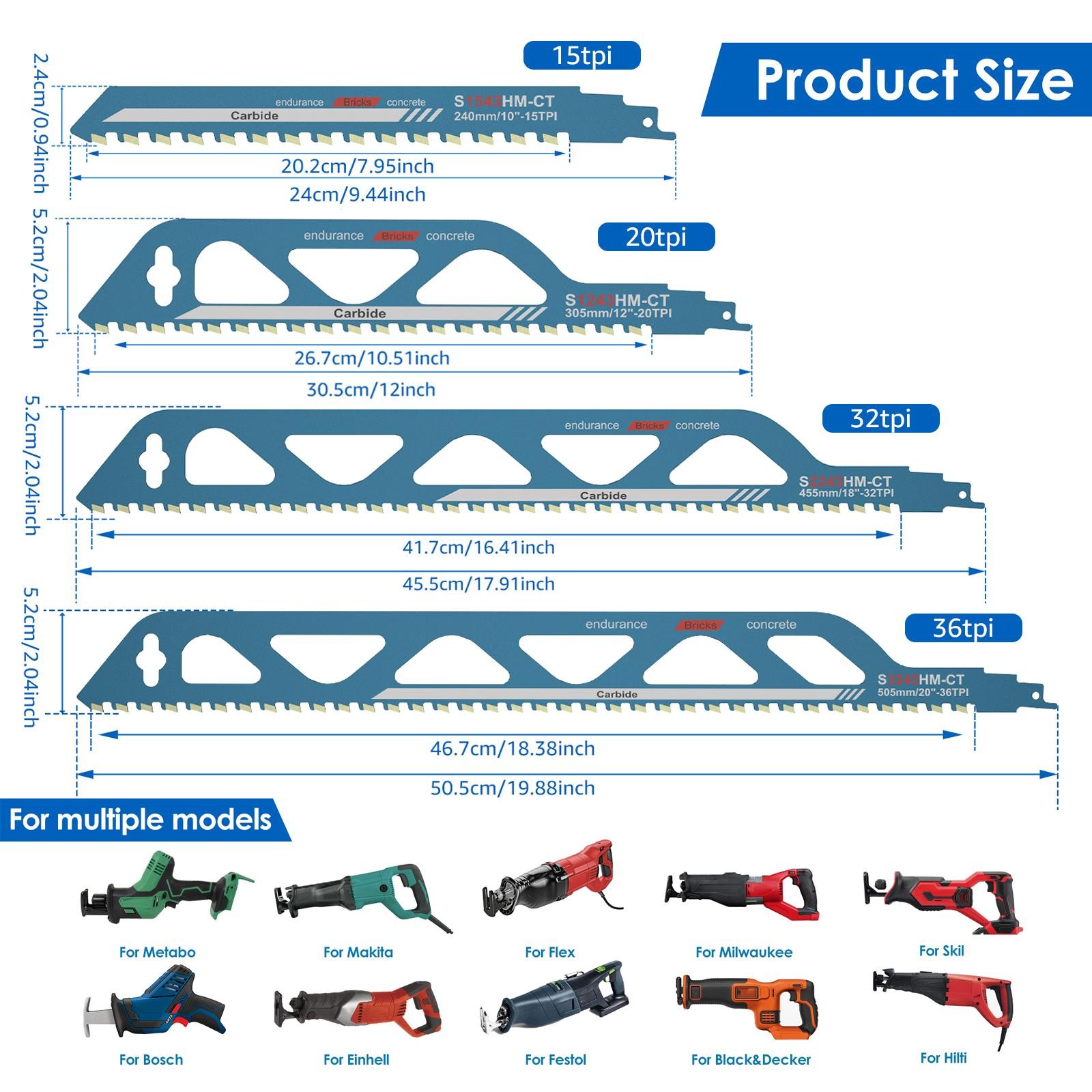 NEW 10-20″ Reciprocating Saw Blades Set Alloy Steel for Brick Concrete Cutting