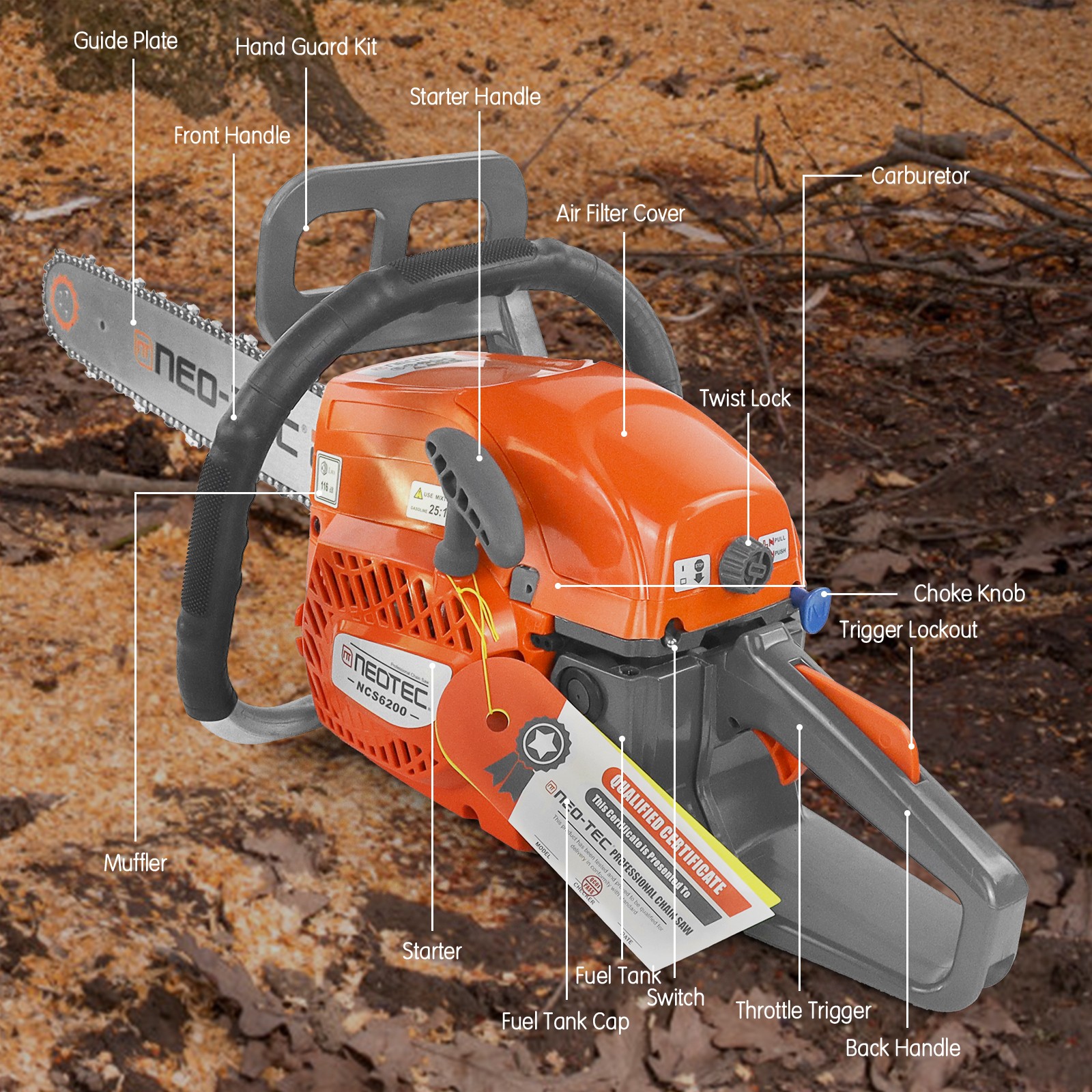 62cc Gas Powered Chainsaw with 20” Guide Bar Saw Chain 2-Stroke Engine Cut Wood