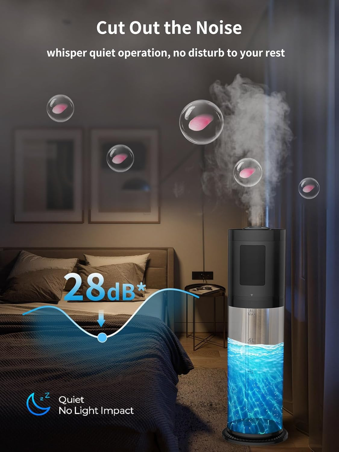 8L Humidifiers for Bedroom, 30dB Quiet, 500ft² Coverage, 60H Runtime, Top Fill,