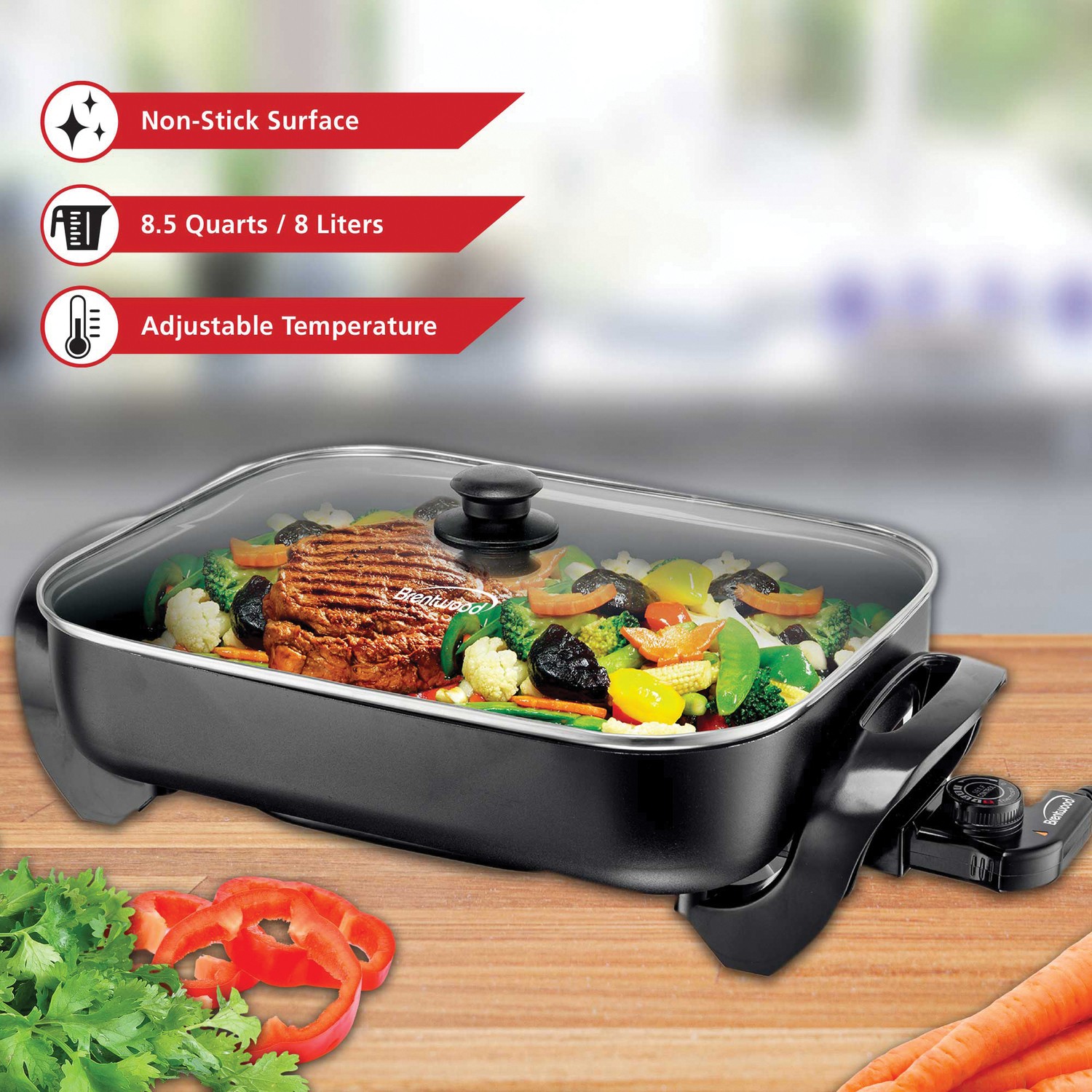 Brentwood Nonstick Electric Skillet with Glass Lid (1,400W; 16″)