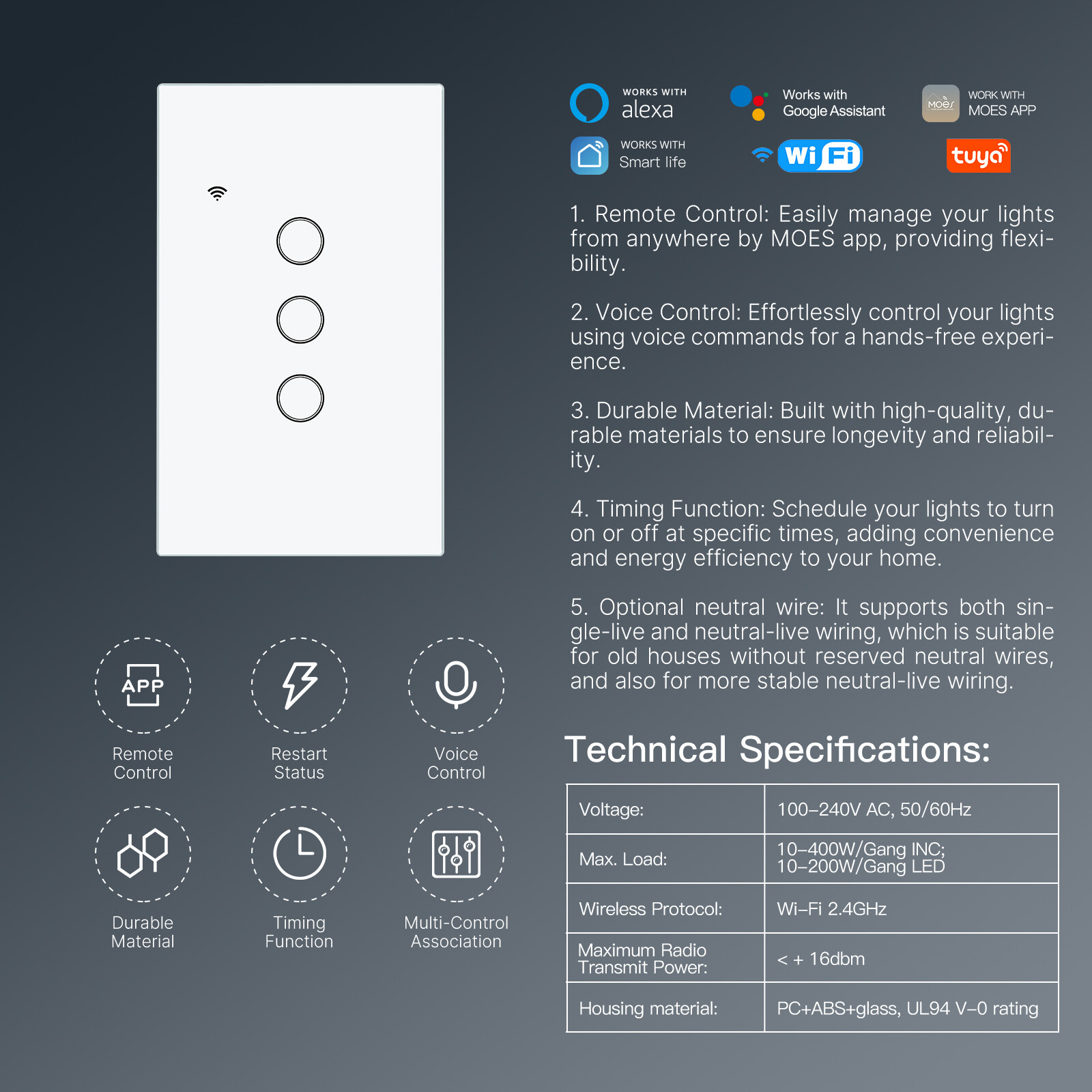 MOES WiFi Smart Light Switch Neutral Optional No Hub Tuya Alexa Google App Timer