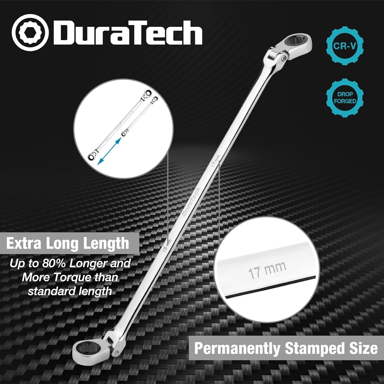 17*19mm Extra Long Flex-Head Ratcheting Wrench – 41cm CR-V Steel