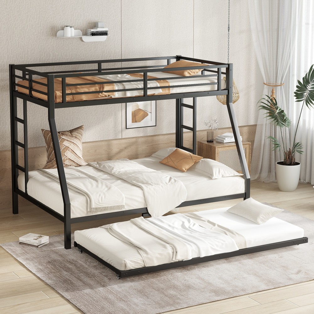 Twin Over Twin Bunk Bed with Twin Trundle Triple Bunk Beds for Kids Teens Adults