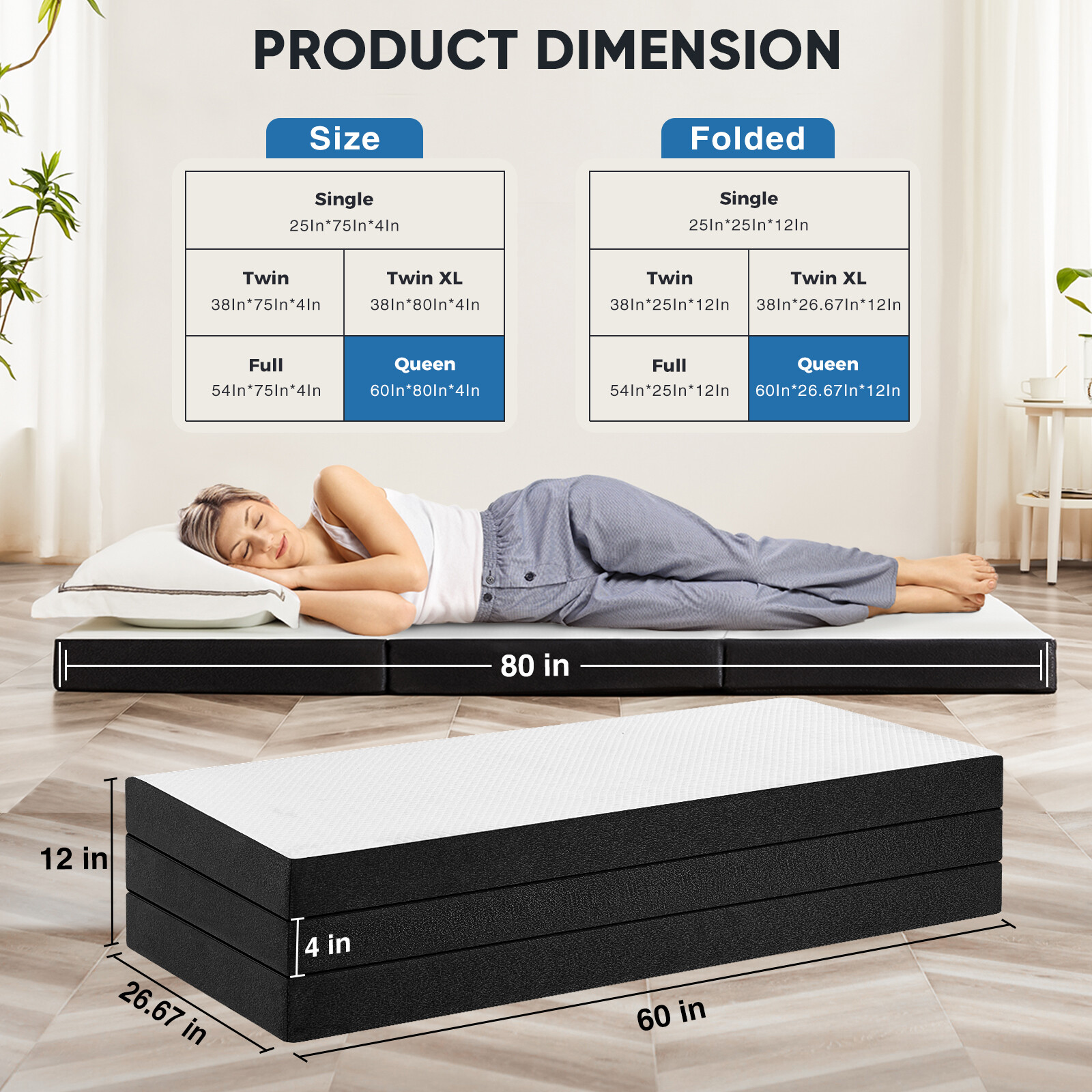4″ Tri-fold Memory Foam Mattress, Foldable Portable Floor Bed,Washable Cover