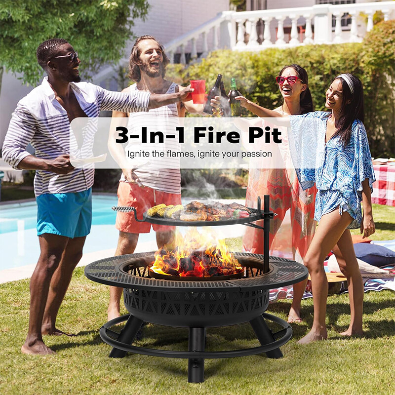 35” Outdoor Wood Burning Round Fire Pit Barbecue Pit BBQ Backyard Fireplace
