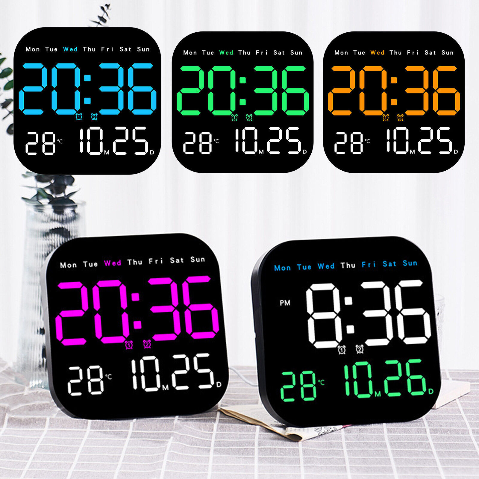 LED Large Digital Wall Clock Temperature Date Week + US Charger / Remote Control