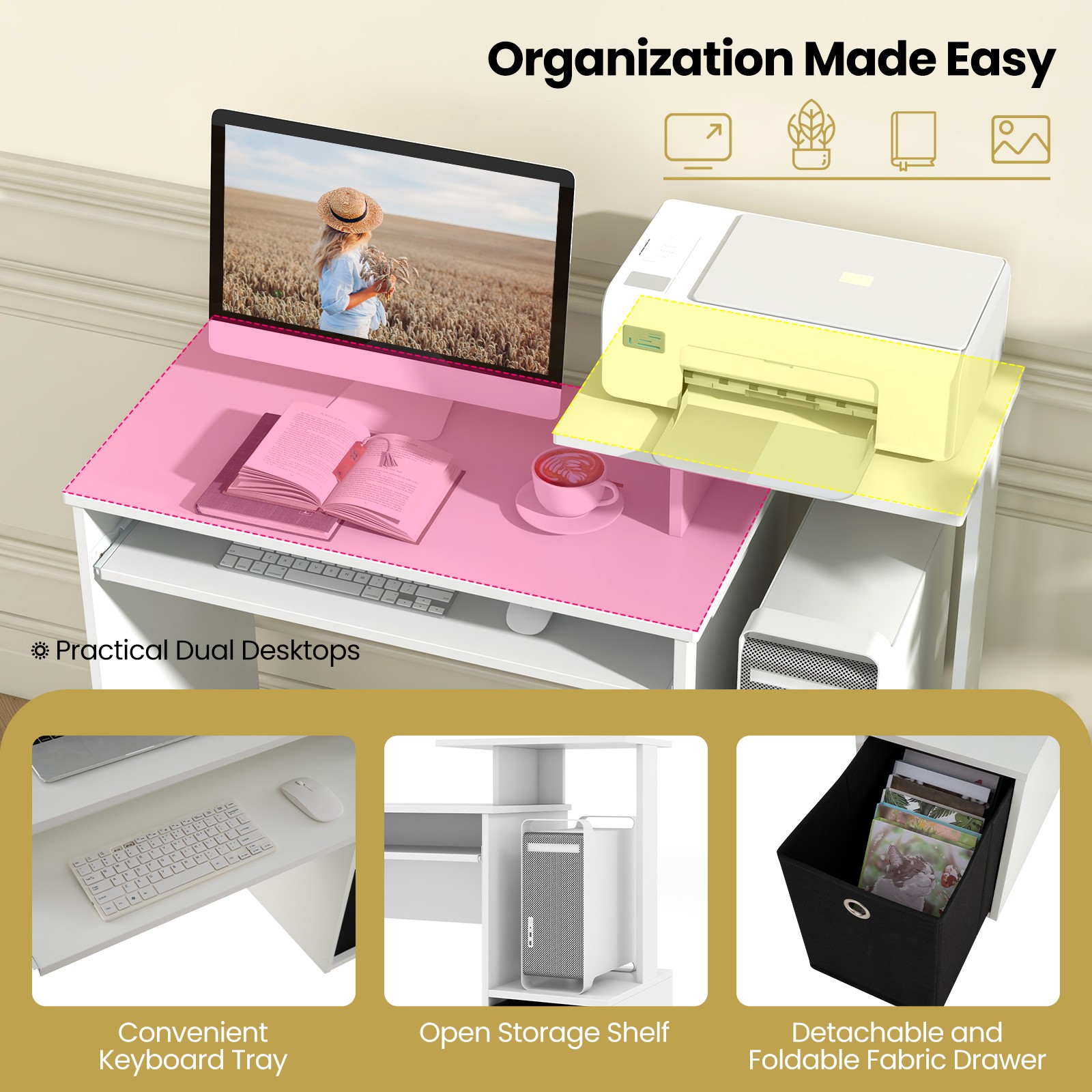 Home Office Computer Desk Space-saving Study Writing Desk w/ Keyboard Tray