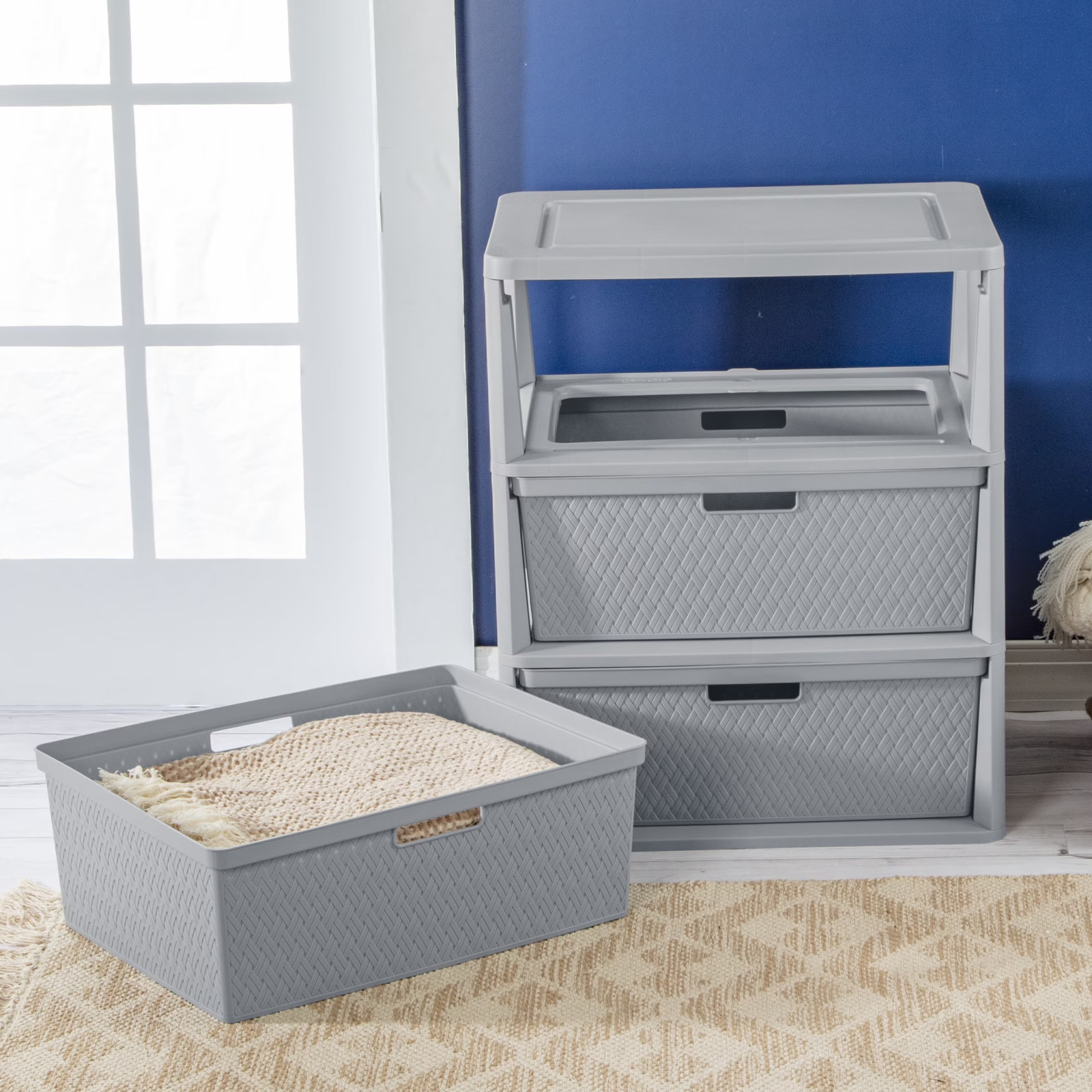 Wide 3 Drawer Tower, Plastic Storage Organizer with Removable Decorative Bins, E