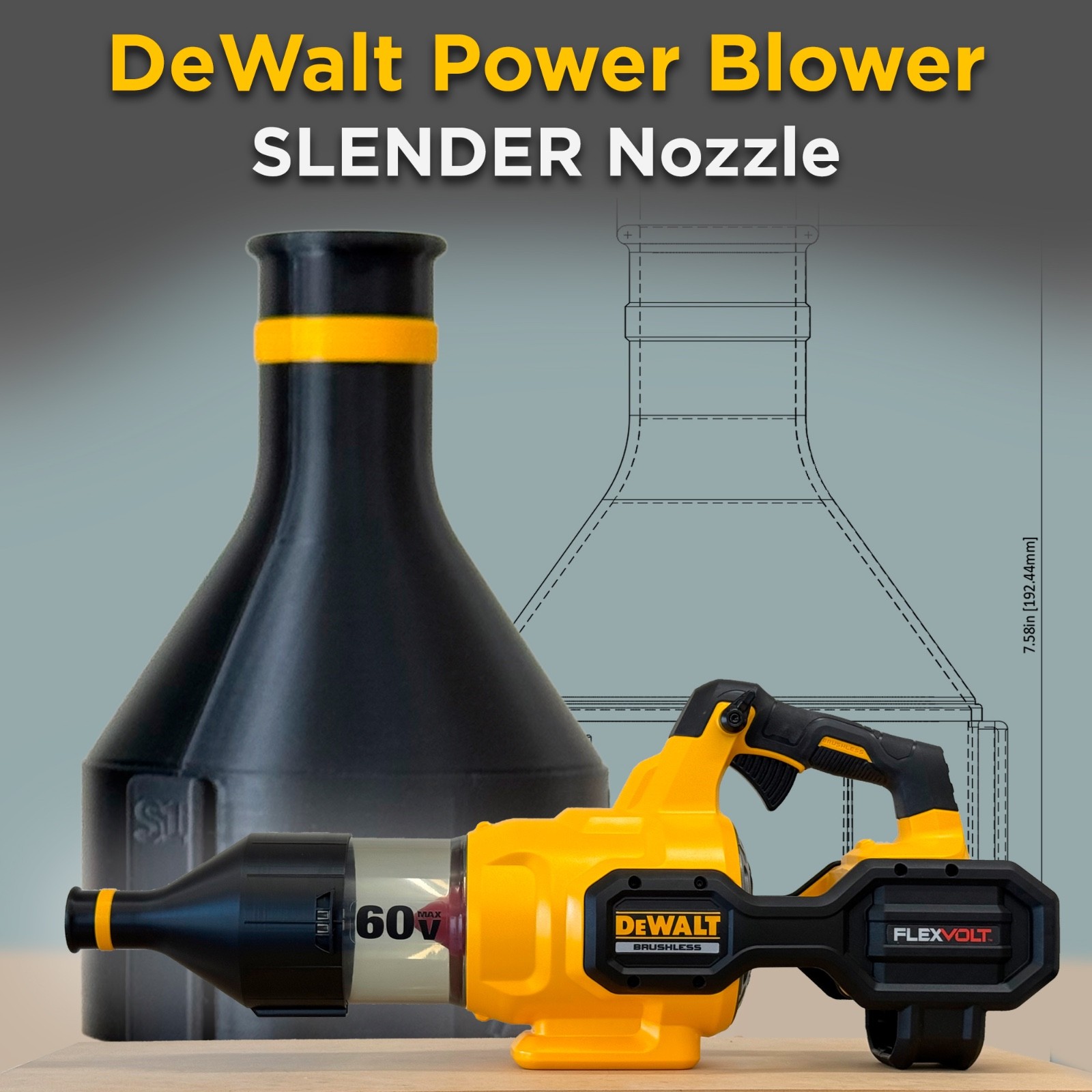 Slender Car Drying Nozzle for DeWalt 60V MAX Brushless Blower DCBL772, DCBL777