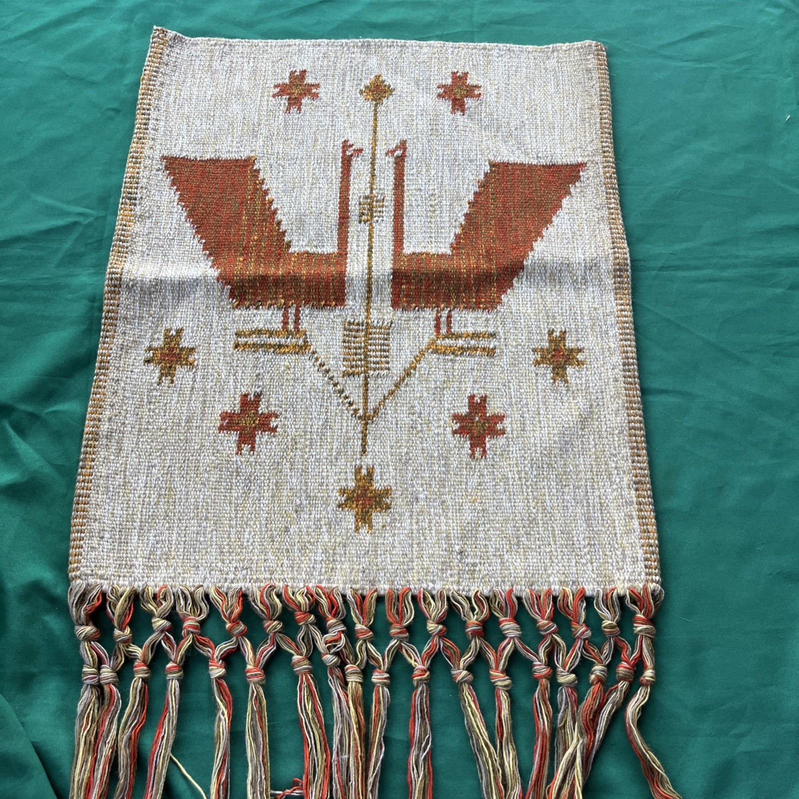 Eva Nemeth Scandinavian Vintage hand woven Wall Tapestry 1970s Birds 19x 24 “