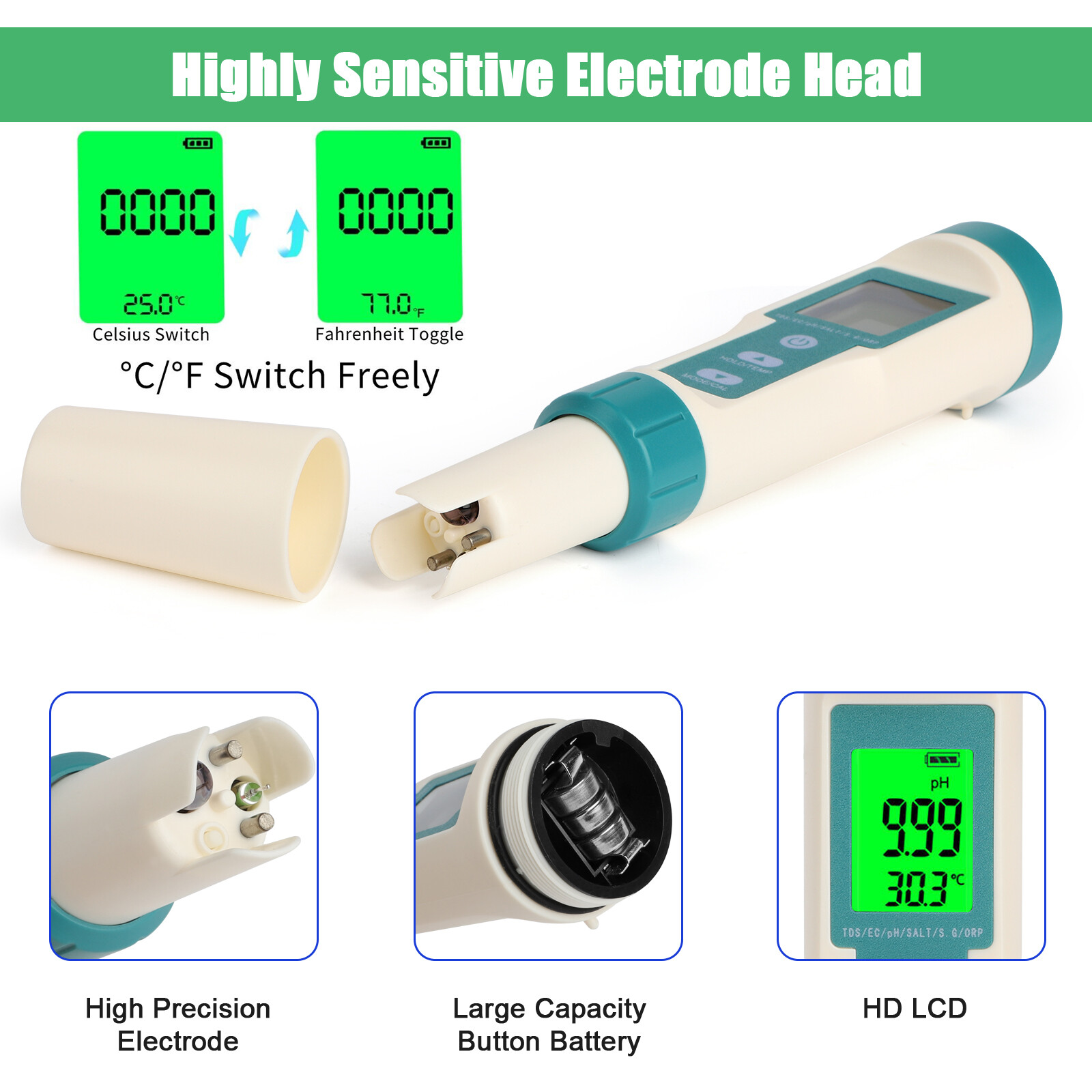 7 in 1 Digital LCD PH/TDS/EC/ORP/TEMP/SG/Salinity Water Quality Tester Meter Pen