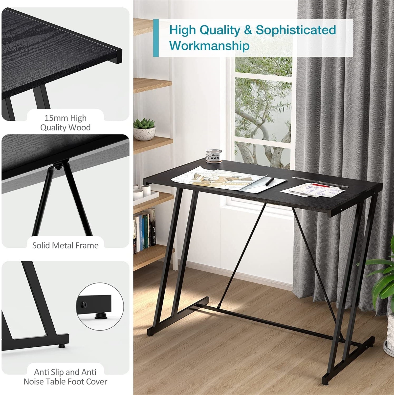 Mehoom Metal Modern Computer Study Desk for Home Office, Table, Black, 35.4″