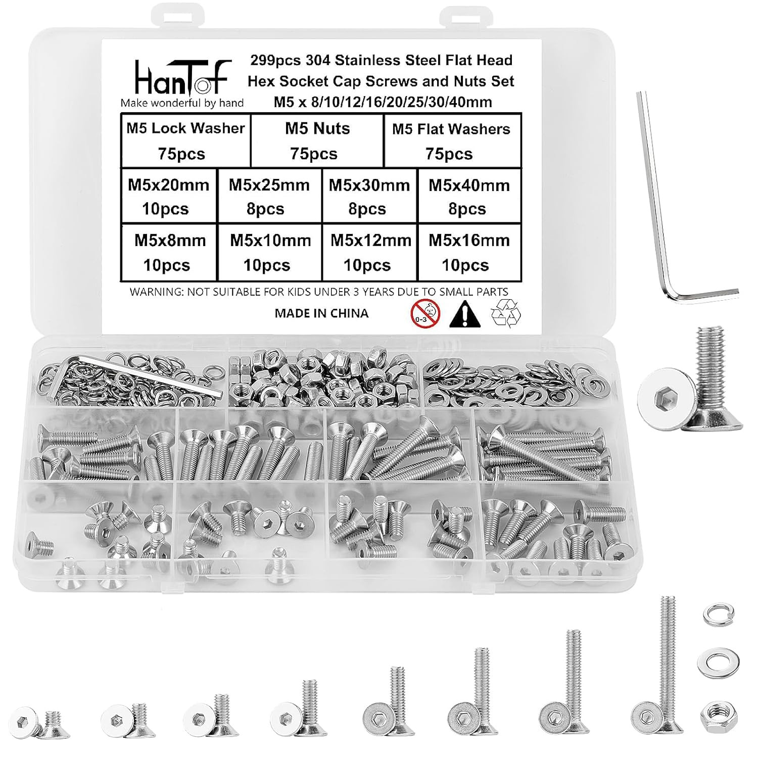 M3 M4 M5 M6 Flat Head Hex Socket Cap Screws Bolts Nuts & Washers Assortment Kit