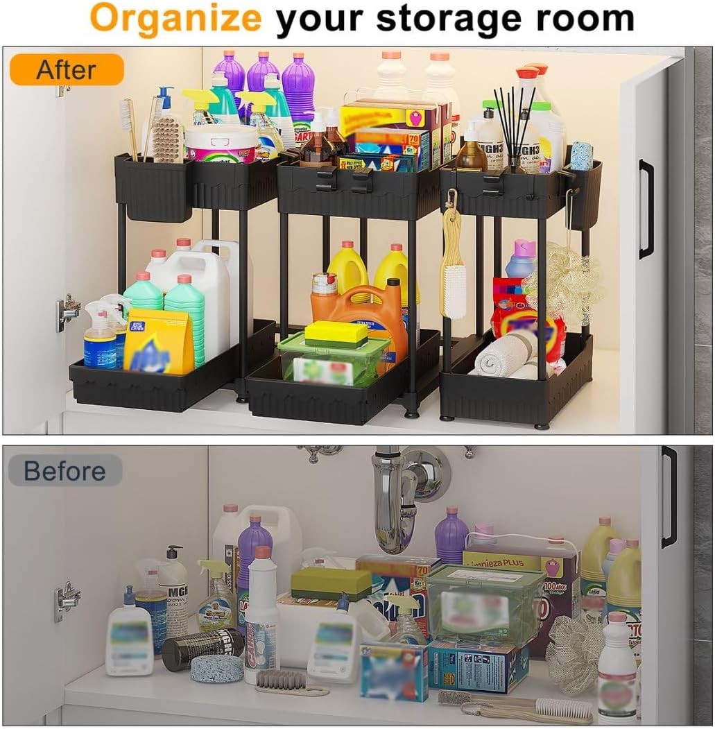 3 Pack under Sink Organizers,2-Tier Multi-Use Kitchen and Bathroom Organizers an