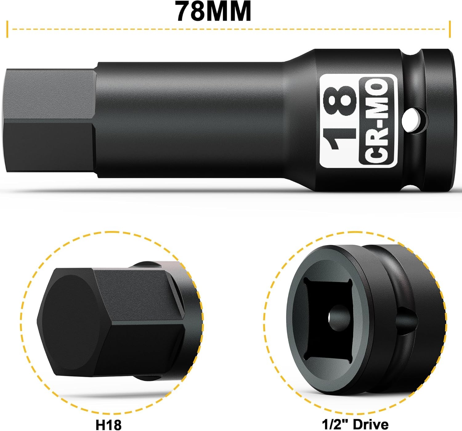 1/2-Inch Drive 18 mm Hex Impact Bit Socket, H18 Allen Metric,