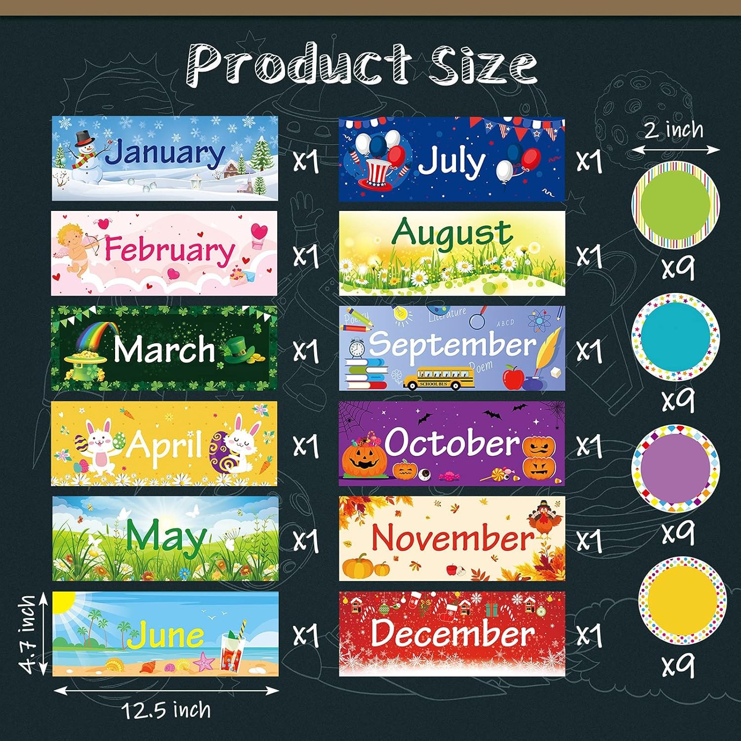 48 Pieces Holiday Monthly Headliners Set 12 Months of The Year