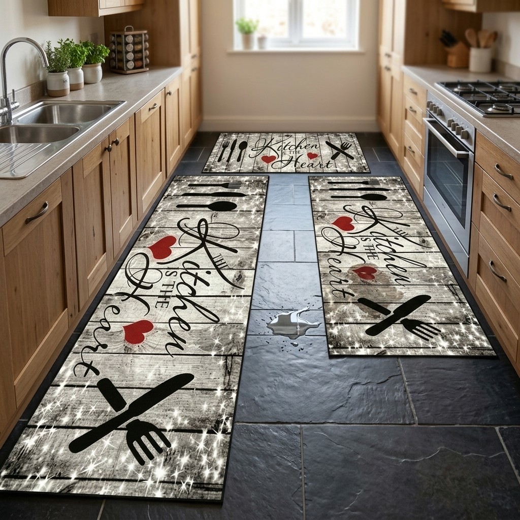 Non-Slip Washable Kitchen Floor Mat with Rustic Utensil Print Crystal Velvet