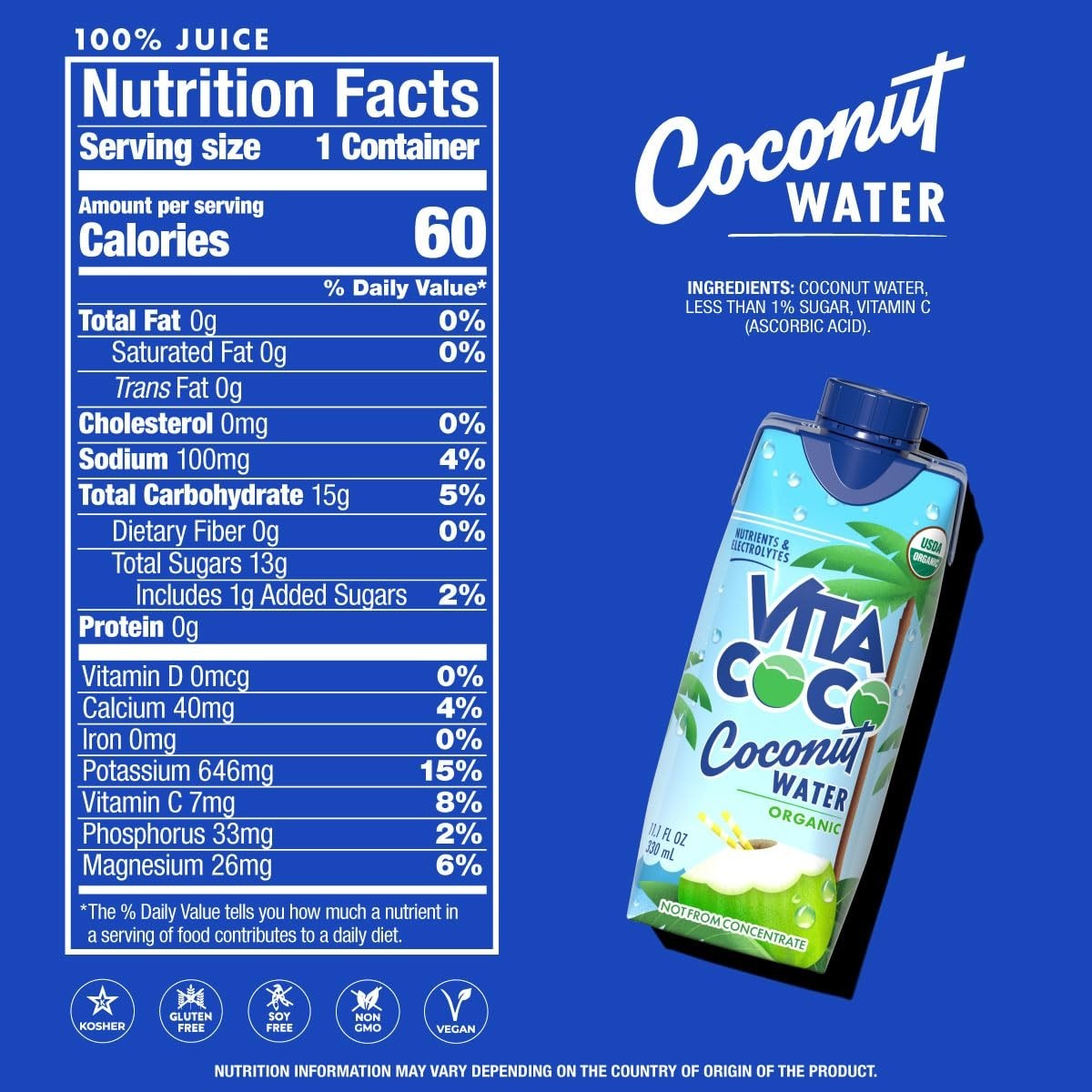 Vita Coco Coconut Water, Pure Organic, Refreshing Coconut Taste, Pack Of 12