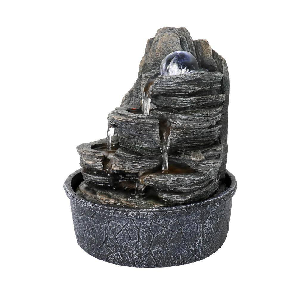 9.8 In. Resin Rockery Indoor Tabletop Tiered Fountain with LED Lights and Crysta