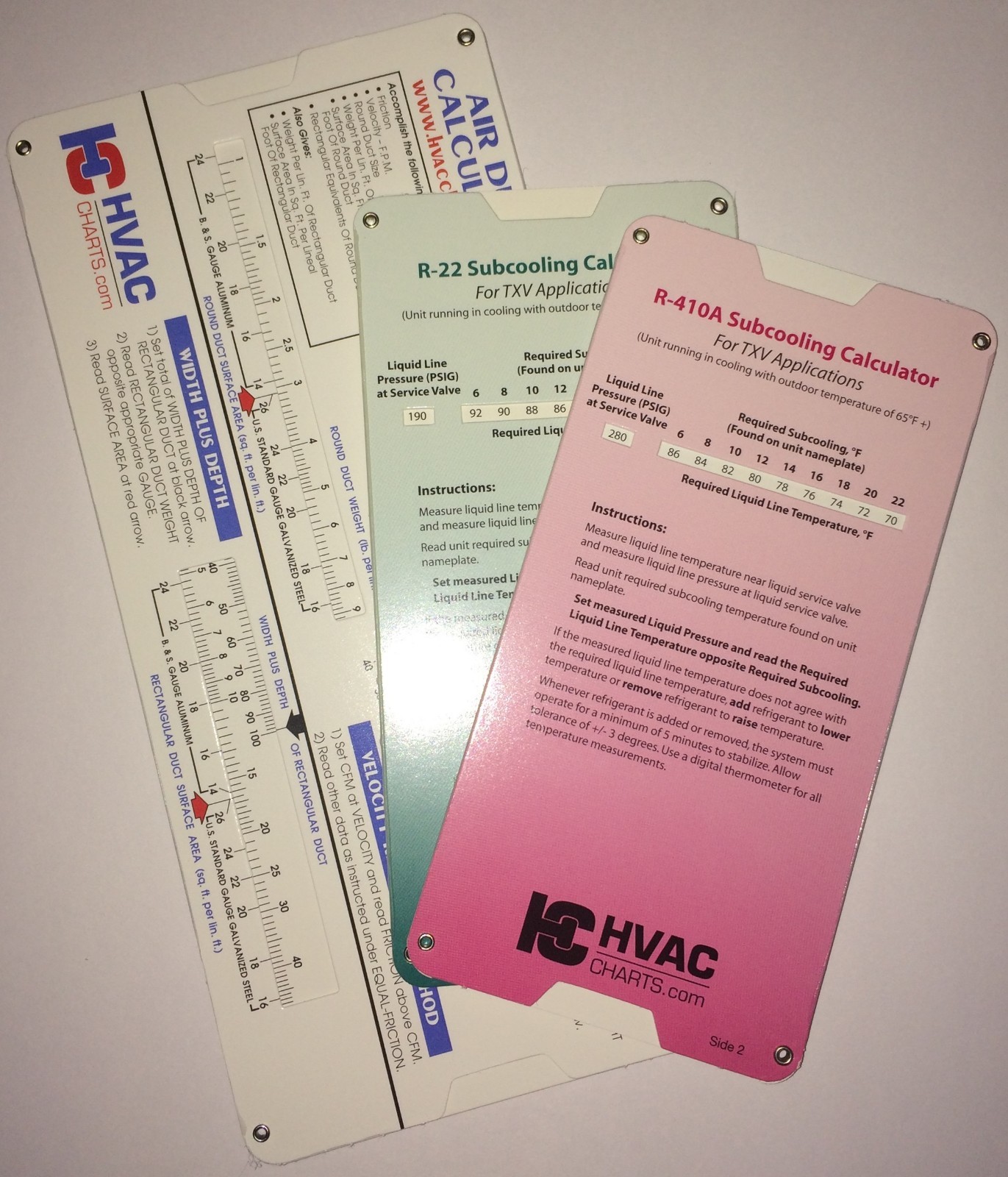 Supercool HVAC Slide Chart 3 Pack. R-22 & R-410a superheat. Duct Calculator