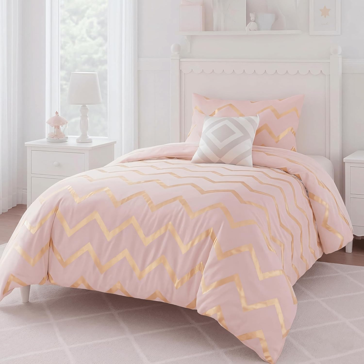 Twin Comforter Set for Teens and Adults, 3-Piece Pink and Gold Bedding, Warm and