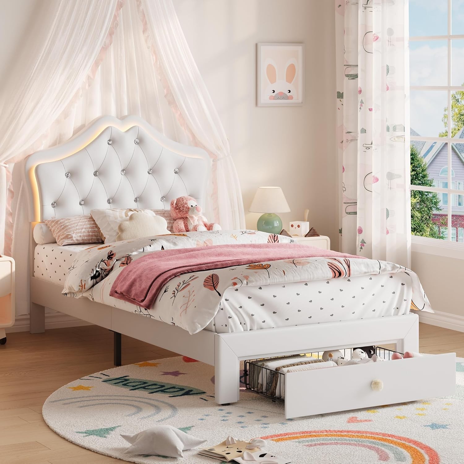 Twin Size Upholstered Bed Frame w/ Storage Drawer & LED Headboard for Kids/Girls