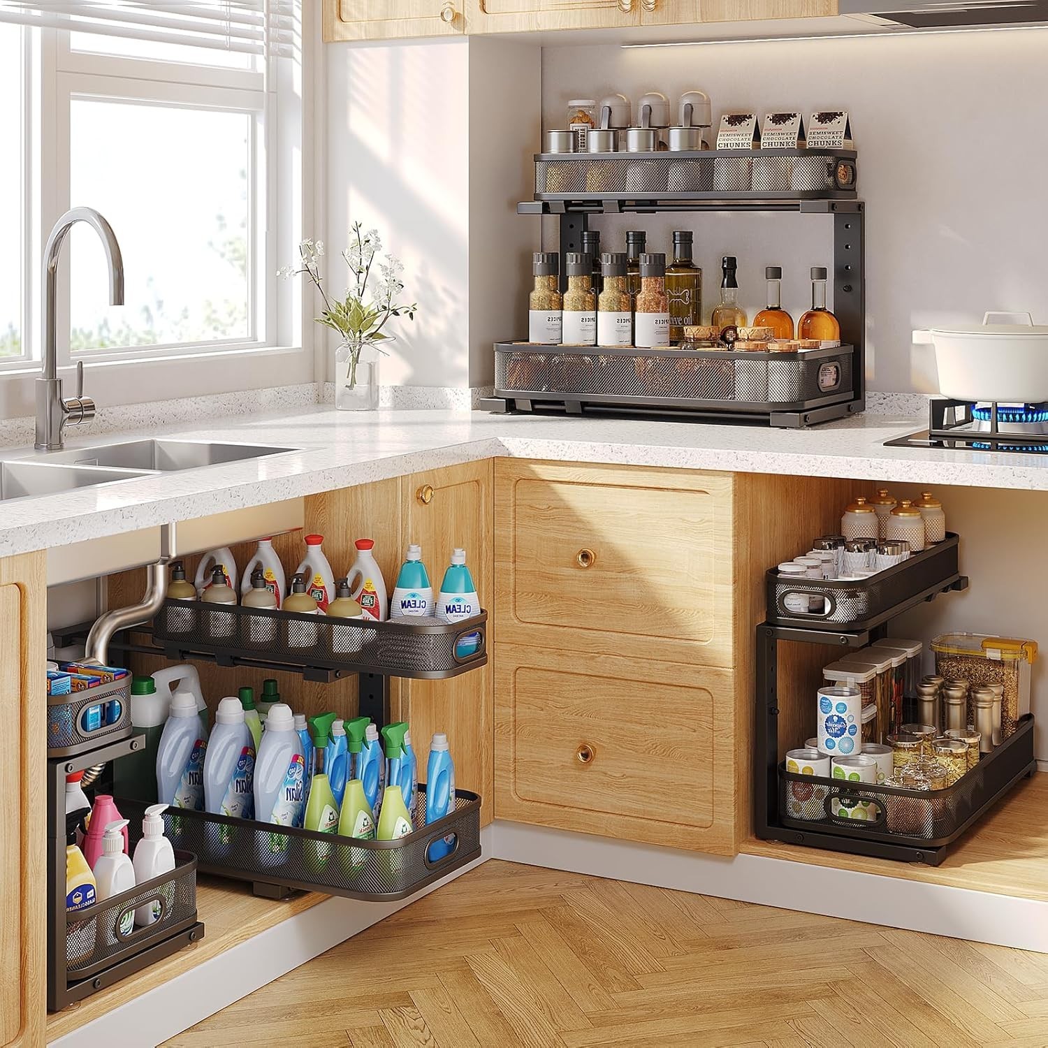 2 Pack 19.3IN-Depth Under Sink Organizer with Smooth Cylindrical Rail,2-Tier Pul