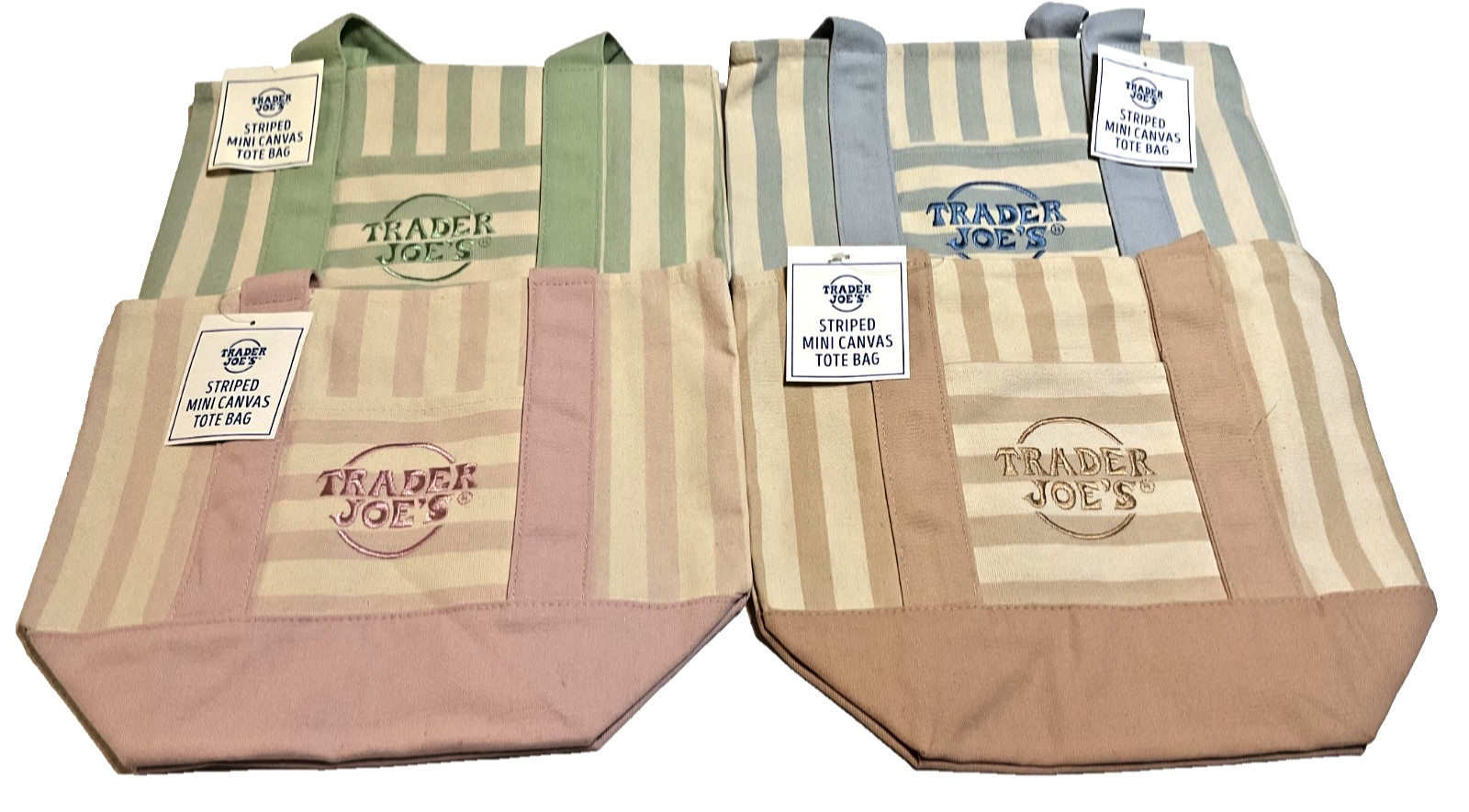 Trader Joe’s Mini Canvas Tote Bag-4 pack Striped Green, Pink, Blue, and Brown