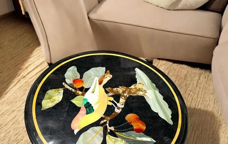 Black Marble Coffee Table with Floral Semi-Precious Stone Inlay Handcrafted arts