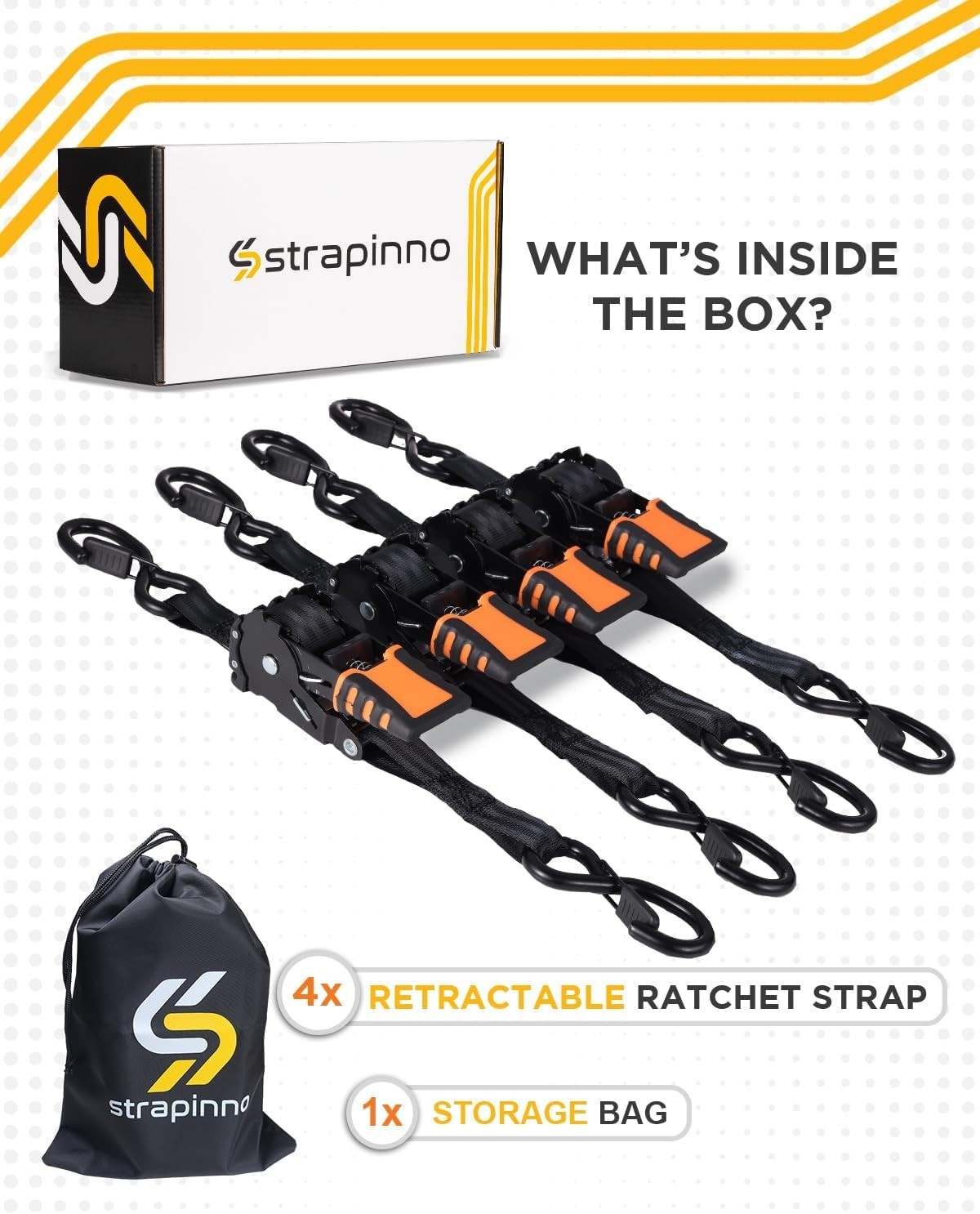 4pcs Retractable Ratchet Straps 1 in x 6 ft – 1,500LBS Breaking Strength