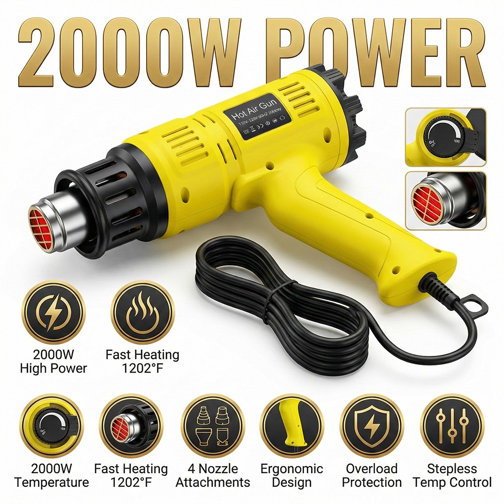 2000W Heat Gun Pro Hot Air Gun Kit Heavy Duty Stepless Temp Heater Tool 4 Nozzle