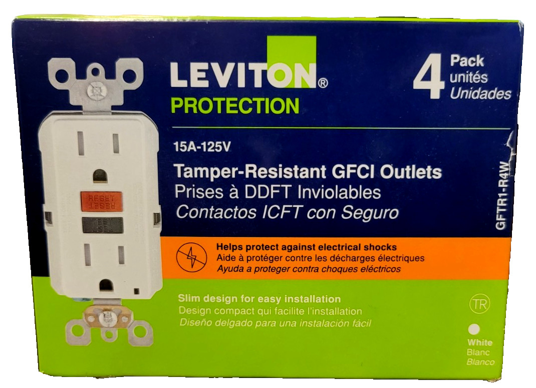 Leviton 15A 125V GFCI Outlet – White (4 Pack) (GFTR1-R4W). NEW FREE SHIPPING.